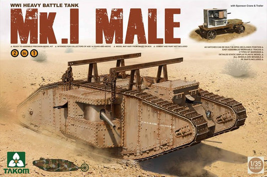 Takom - 1/35 WWI Heavy Battle Tank Mk. I Male with Crane and Flat Trailer