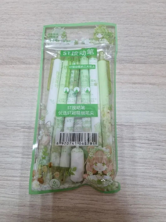 Pen Set - Green Anime Girl (set of 6)