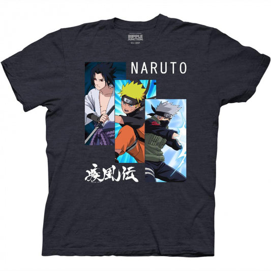 Naruto Shippuden - Sasuke Naruto and Kakashi Panel Heather Navy T-Shirt